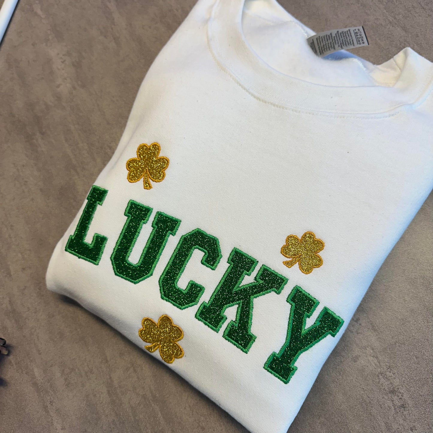 Lucky St Patricks Day Glitter Embroidered Sweatshirt